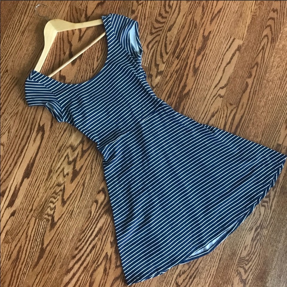 AE Blue & White Striped Skater Dress w/ Cross Back